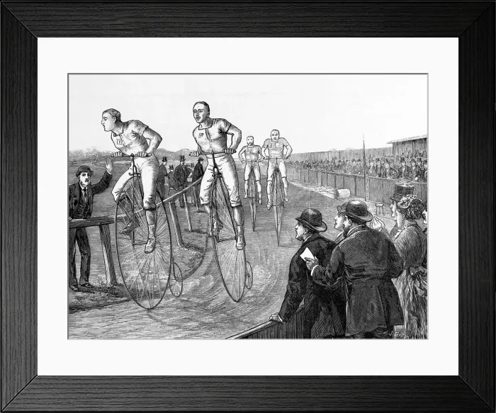 Framed Print : Woodcut Depicting Men Racing Penny-Farthings by J. Tarlton Framed Print : Woodcut Depicting Men Racing Penny-Farthings by J. Tarlton