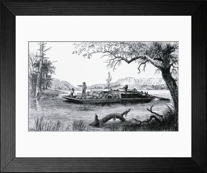 Framed Print : Mississippi Flat-Boat Sailing On River Framed Print : Mississippi Flat-Boat Sailing On River