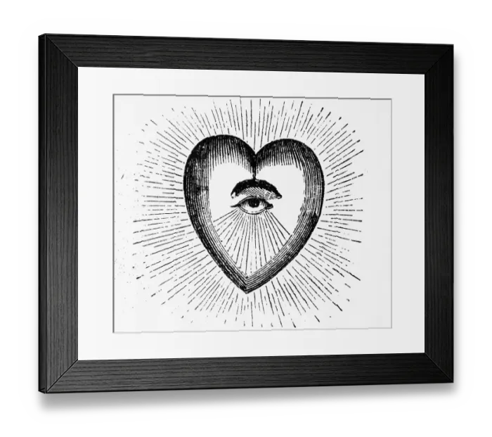 Framed Print : Woodcut Of A Heart With A Eye In Center Framed Print : Woodcut Of A Heart With A Eye In Center