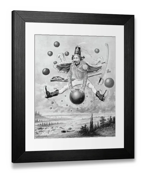 Framed Print : Book Illustration of Baron Munchausen Traveling on a Cannon Ball Framed Print : Book Illustration of Baron Munchausen Traveling on a Cannon Ball