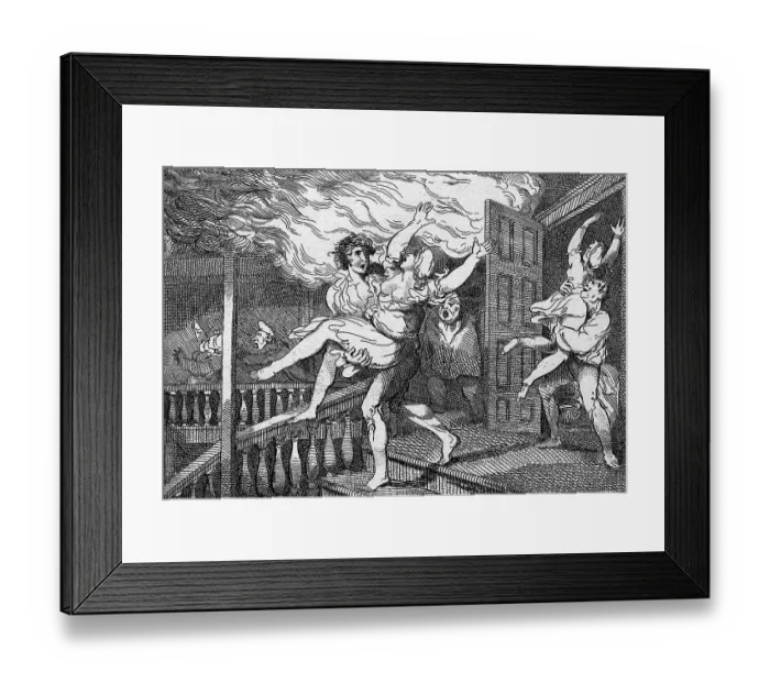 Framed Print : Man Rescuing Woman From Burning Inn / Illu Framed Print : Man Rescuing Woman From Burning Inn / Illu