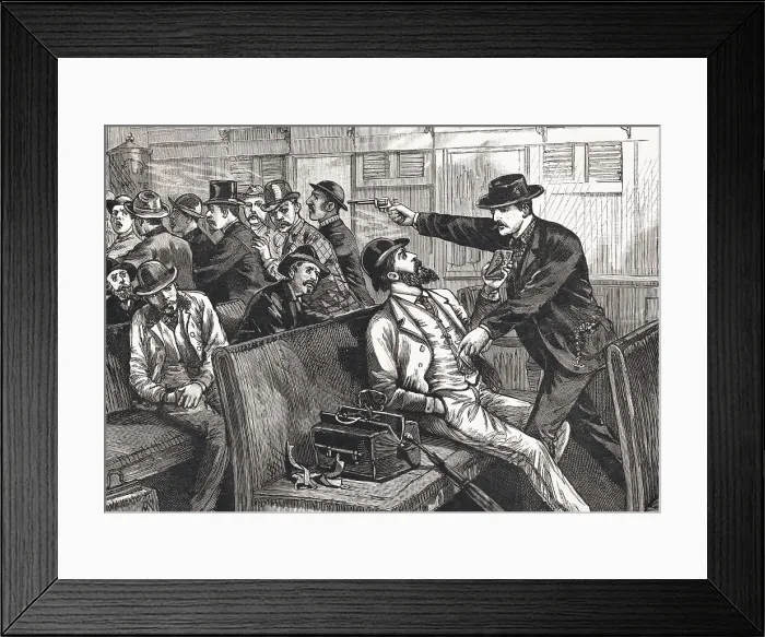 Framed Print : Illustration of Train Robbery in Progress Framed Print : Illustration of Train Robbery in Progress