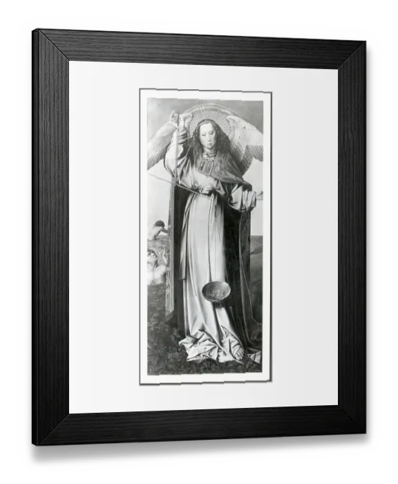 Framed Print : Netherlandish Painting of Angel Weighing Coins On Scale Framed Print : Netherlandish Painting of Angel Weighing Coins On Scale