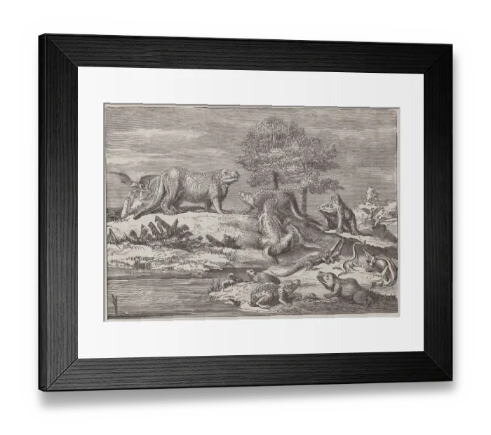 Framed Print : Illustration of Prehistoric Animals Alongside Water Hole Framed Print : Illustration of Prehistoric Animals Alongside Water Hole