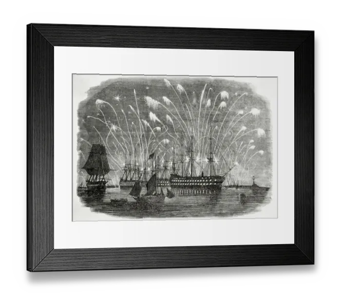 Framed Print : Illustration of Fireworks Above Ships in Plymouth Bay Framed Print : Illustration of Fireworks Above Ships in Plymouth Bay