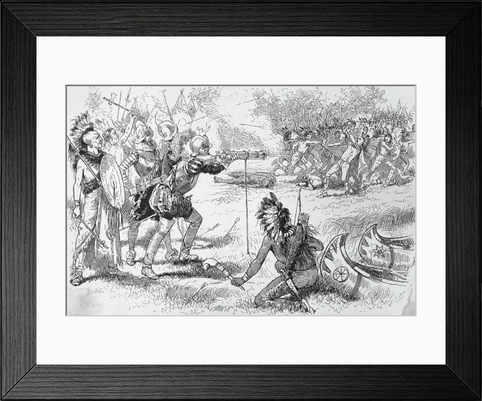 Framed Print : Illustration of Native Americans Fighting with Samuel de Champlain Party Framed Print : Illustration of Native Americans Fighting with Samuel de Champlain Party