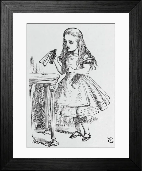 Framed Print : Illustration Depicting Alice Holding the Bottle Labelled Drink Me by John Tenniel Framed Print : Illustration Depicting Alice Holding the Bottle Labelled Drink Me by John Tenniel