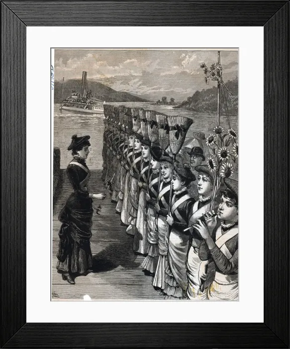 Framed Print : Line Of Women Holding Brooms On Dock Framed Print : Line Of Women Holding Brooms On Dock