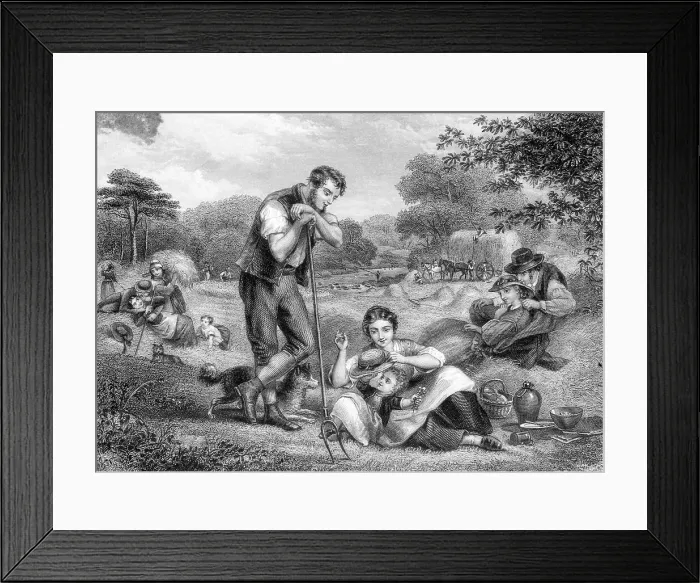 Framed Print : Farmer With Pitchfork Watches Family Framed Print : Farmer With Pitchfork Watches Family