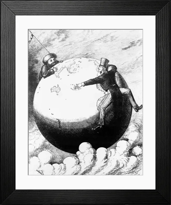 Framed Print : Uncle Sam and Ivan Hanging onto the World Framed Print : Uncle Sam and Ivan Hanging onto the World