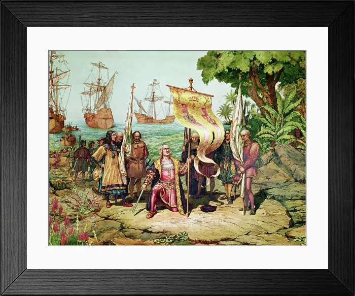 Framed Print : Chromolithgraph of Columbus Landing on San Salvador Framed Print : Chromolithgraph of Columbus Landing on San Salvador