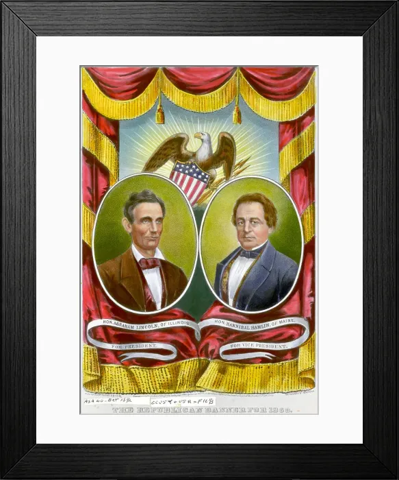 Framed Print : Abraham Lincoln and Hannibal Hamlin Campaign Banner