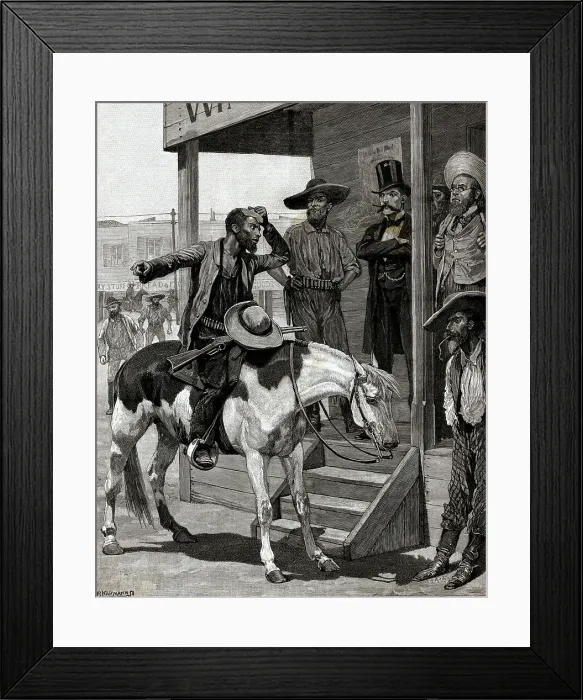 Framed Print : Messenger On Horseback Talks To Men Framed Print : Messenger On Horseback Talks To Men