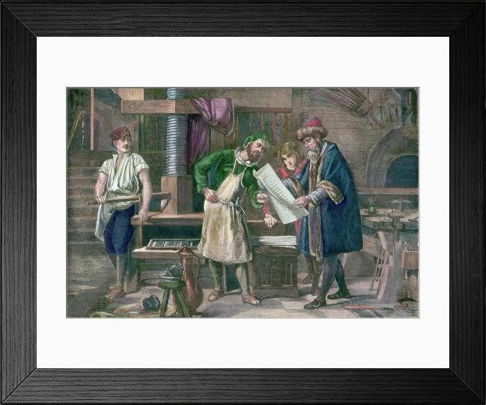 Framed Print : Color Engraving of Johannes Gutenberg in his Workshop Framed Print : Color Engraving of Johannes Gutenberg in his Workshop