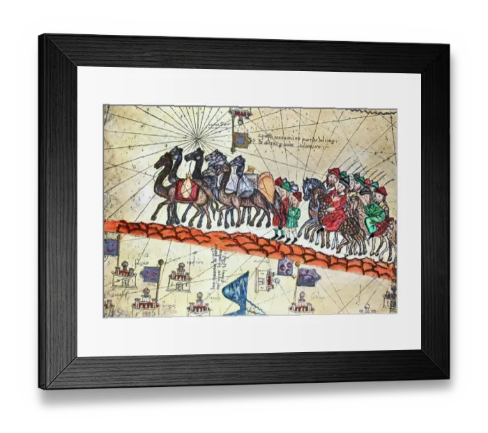 Framed Print : Detail of a 14th-Century Illuminated Map Depicting Niccolo & Maffeo Polo Framed Print : Detail of a 14th-Century Illuminated Map Depicting Niccolo & Maffeo Polo