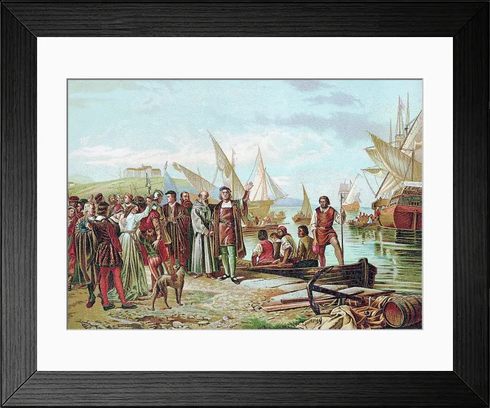 Framed Print : Lithograph of the Embarkation and Departure of Columbus from the Port of Palos after a painting by Ricardo Balaca Framed Print : Lithograph of the Embarkation and Departure of Columbus from the Port of Palos after a painting by Ricardo Balaca
