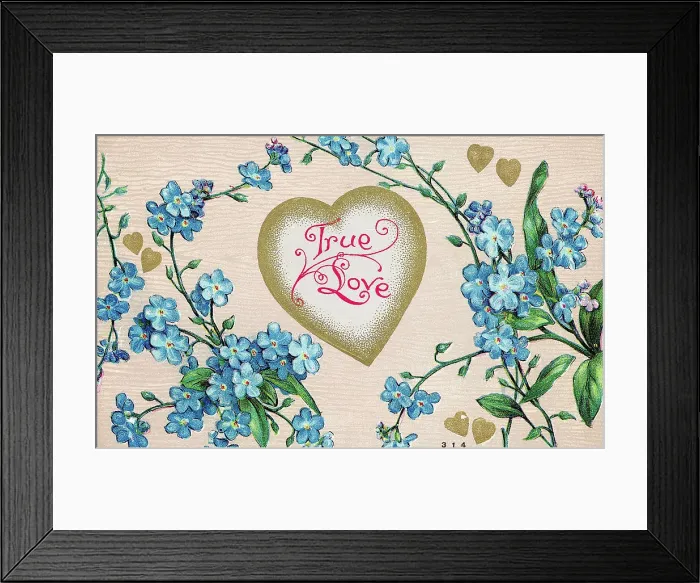 Framed Print : True Love Postcard with Flowers and a Heart Motif