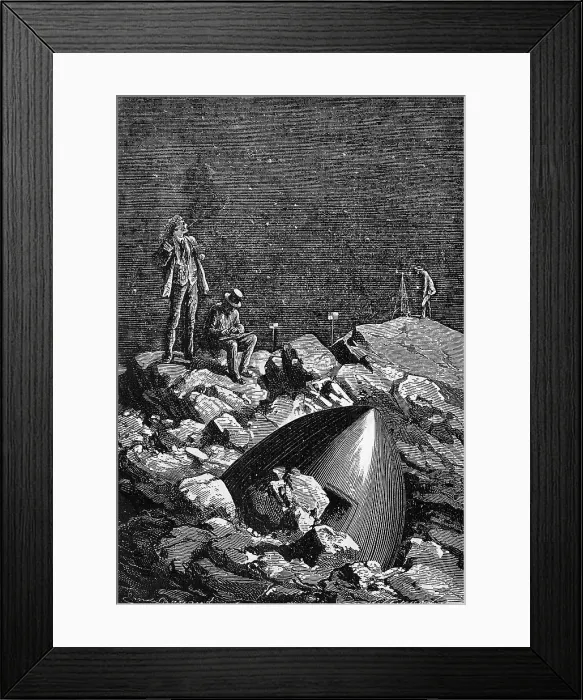 Framed Print : Illus. Of Men On Rocks W / Crashed Craft Framed Print : Illus. Of Men On Rocks W / Crashed Craft