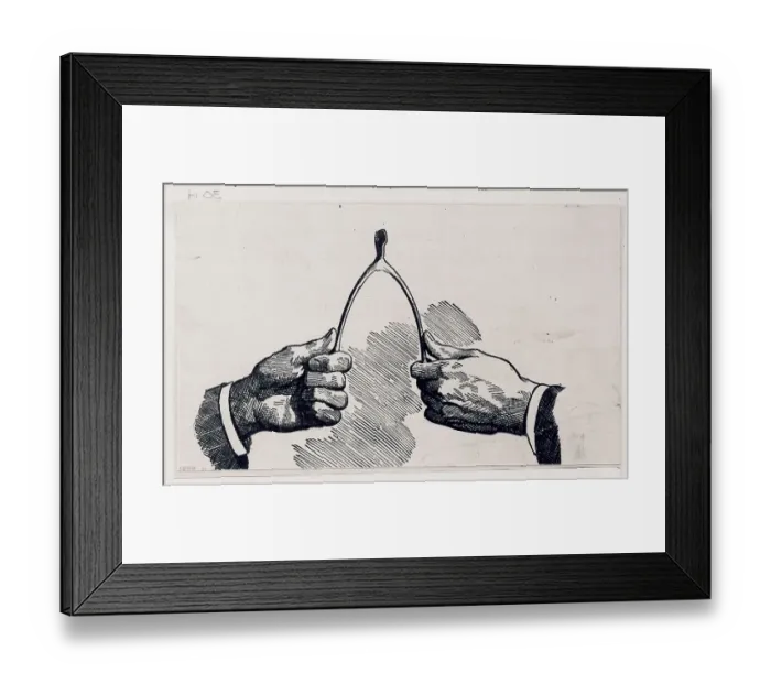 Framed Print : Woodcut / Hands Pulling Wishbone