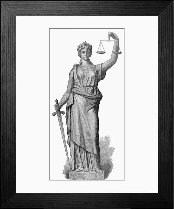 Framed Print : Engraving of a Statue of Justice