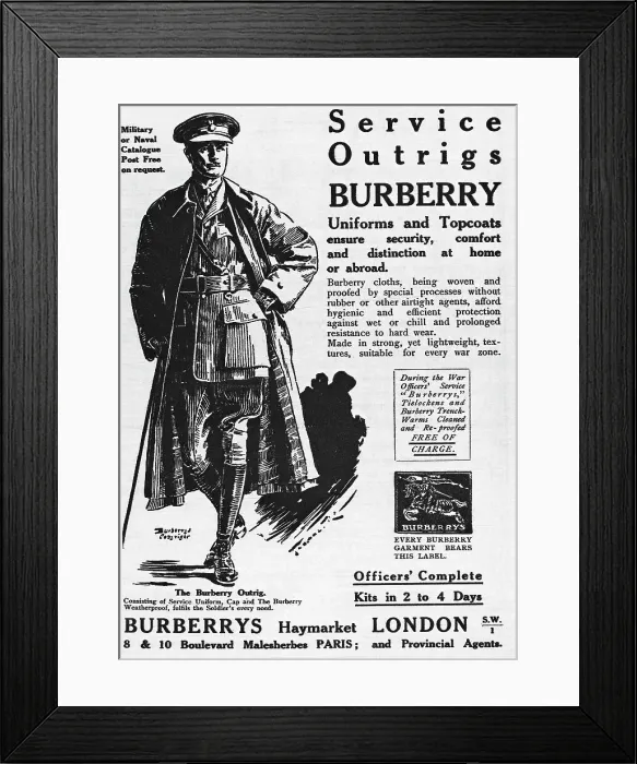 Framed Print : Print Advertisement for Burberry's Service Outrigs Framed Print : Print Advertisement for Burberry's Service Outrigs