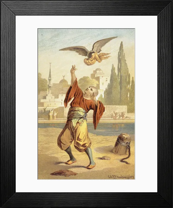 Framed Print : Illustration of a Bird Stealing a Man's Turban by Carl Offterdinger from The Arabian Nights Framed Print : Illustration of a Bird Stealing a Man's Turban by Carl Offterdinger from The Arabian Nights