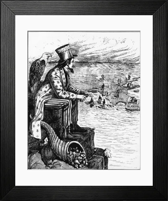 Framed Print : Political Cartoon of Uncle Sam Viewing Europe from Pedestal Framed Print : Political Cartoon of Uncle Sam Viewing Europe from Pedestal