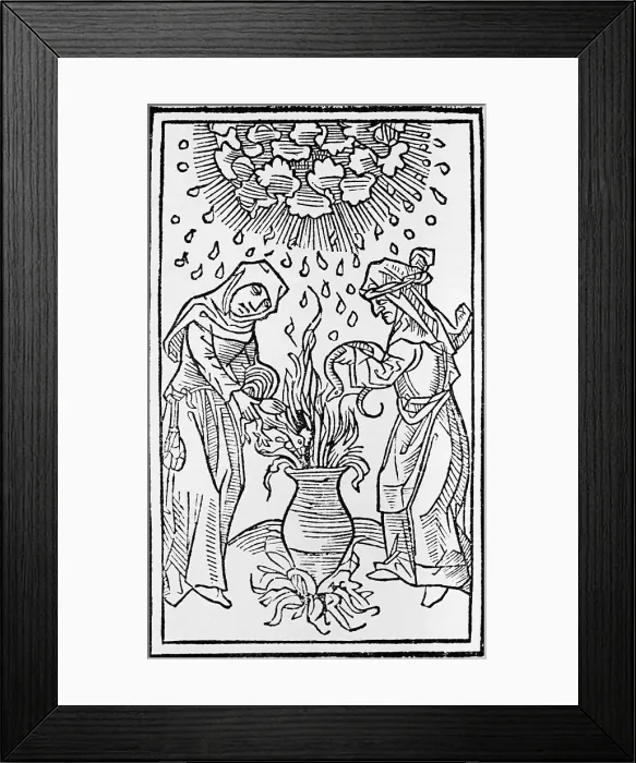 Framed Print : Woodcut Book Illustration of Witches Standing At Cauldron Framed Print : Woodcut Book Illustration of Witches Standing At Cauldron