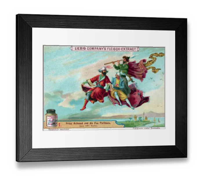 Framed Print : Liebig Extract of Meat Company Trade Card with Prince Ahmed on a Flying Carpet Framed Print : Liebig Extract of Meat Company Trade Card with Prince Ahmed on a Flying Carpet