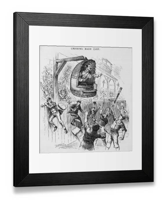 Framed Print : Cartoon of Umpire Suspended In Cage Framed Print : Cartoon of Umpire Suspended In Cage