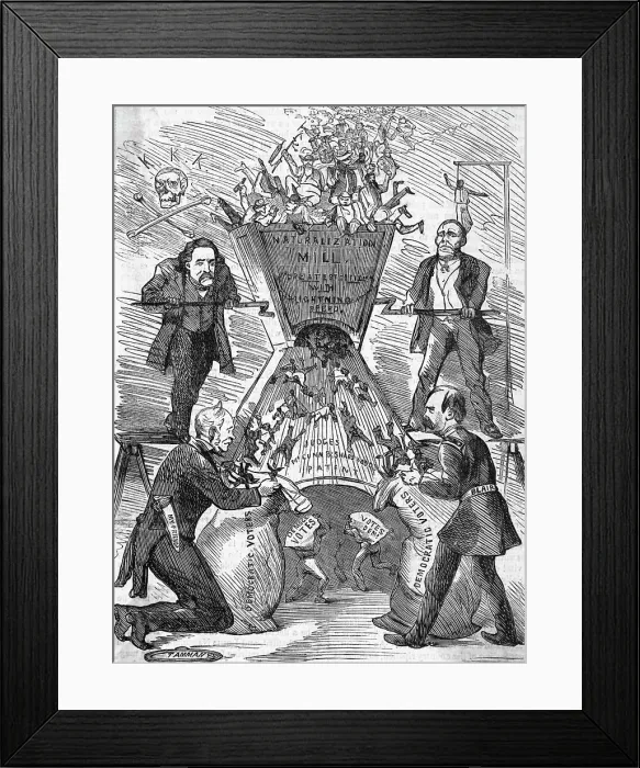 Framed Print : Political Cartoon Depicting Naturalization Mill Framed Print : Political Cartoon Depicting Naturalization Mill