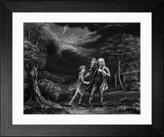 Framed Print : Benjamin Franklin Flying Kite in Storm Framed Print : Benjamin Franklin Flying Kite in Storm