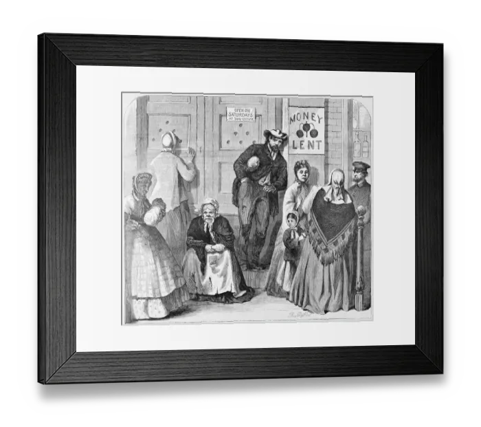 Framed Print : Illustration of People Waiting Outside a Pawn Shop Framed Print : Illustration of People Waiting Outside a Pawn Shop
