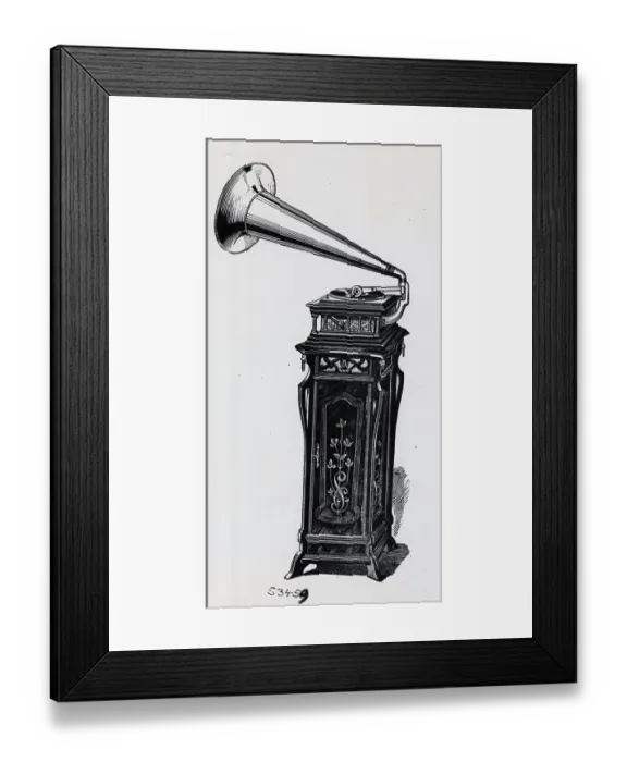 Framed Print : Gramophone On Ornate Stand, Woodcut 1913 Framed Print : Gramophone On Ornate Stand, Woodcut 1913