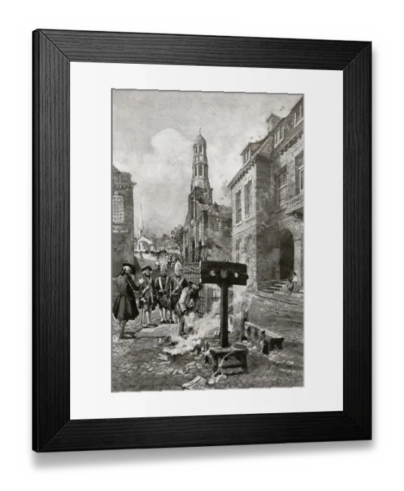 Framed Print : Illustration of Colonists Burning Newspaper in Street Framed Print : Illustration of Colonists Burning Newspaper in Street