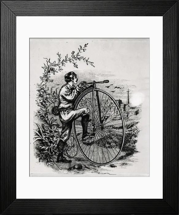 Framed Print : Bicyclist Mounting Velocipede--Illus Framed Print : Bicyclist Mounting Velocipede--Illus