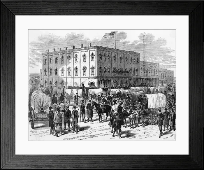 Framed Print : Covered Wagons Grouped To Leave Town Framed Print : Covered Wagons Grouped To Leave Town