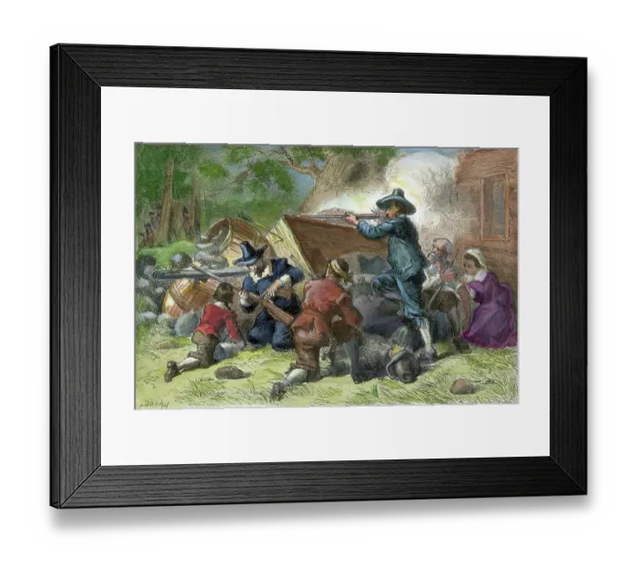 Framed Print : Virginian Settlers Defend Home;Shooting Framed Print : Virginian Settlers Defend Home;Shooting