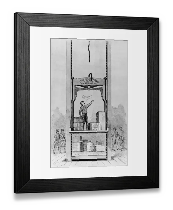 Framed Print : Sketch Of Elevator Inventor Testing Elevator Framed Print : Sketch Of Elevator Inventor Testing Elevator