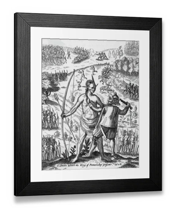 Framed Print : C. Smith Taketh the King of Pamaunkee Prisoner, 1608 Engraving Framed Print : C. Smith Taketh the King of Pamaunkee Prisoner, 1608 Engraving