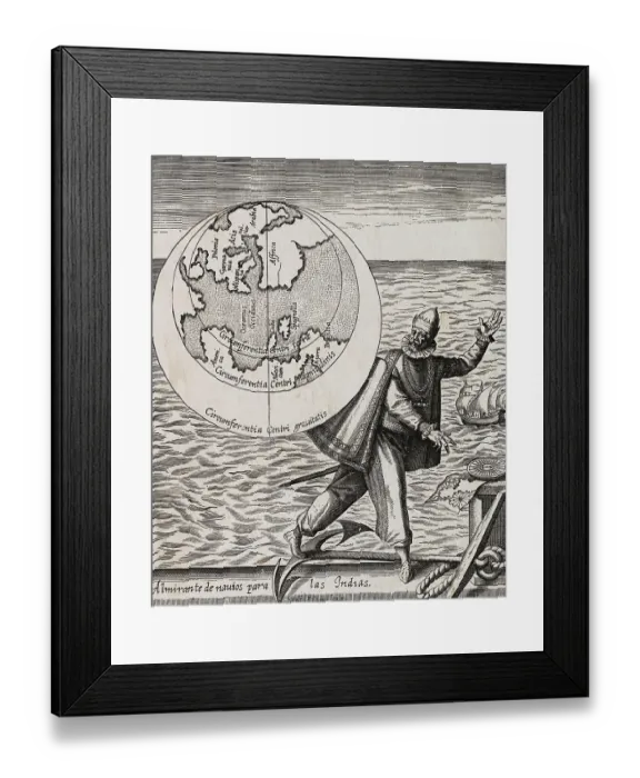 Framed Print : Illustration of Christopher Columbus with Globe and the Sea Framed Print : Illustration of Christopher Columbus with Globe and the Sea