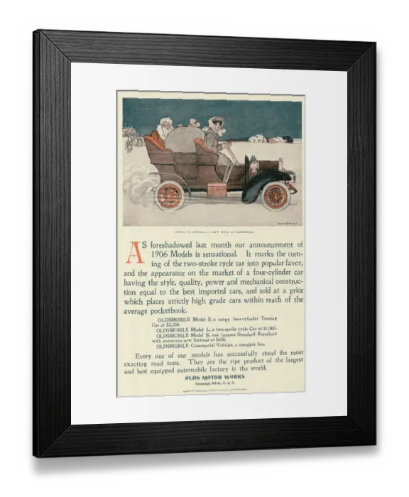 Framed Print : Advertisement of Woman Driving Santa In 1906 Oldsmobile