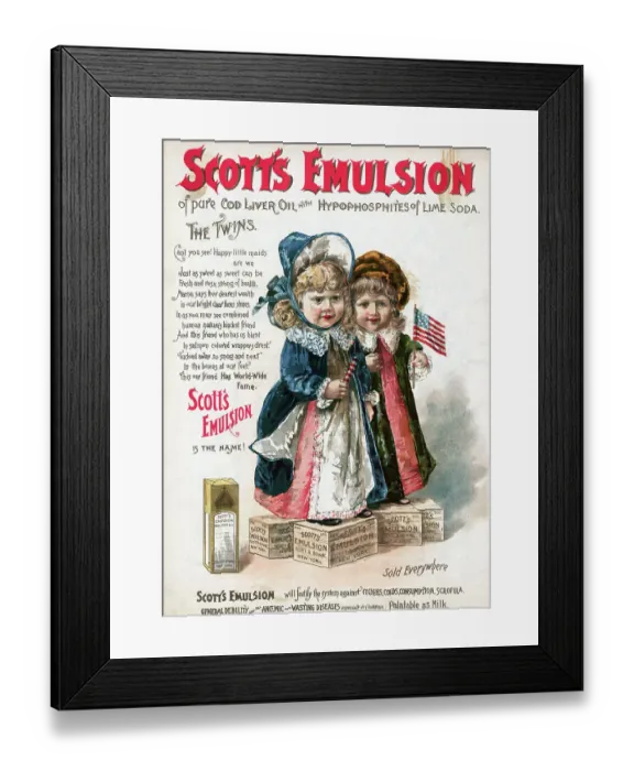 Framed Print : Scott's Emulsion of Pure Cod Liver Oil with Hypophosphites of Lime Soda Advertisement Framed Print : Scott's Emulsion of Pure Cod Liver Oil with Hypophosphites of Lime Soda Advertisement