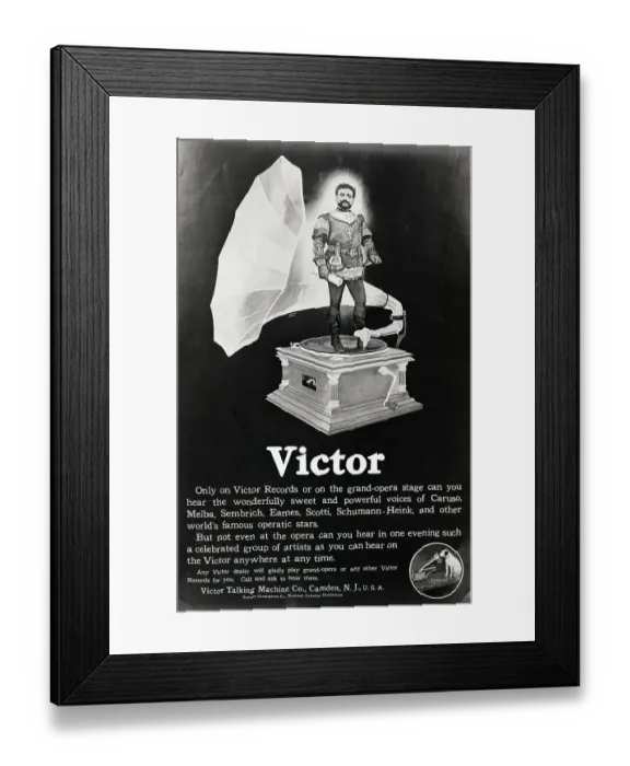 Framed Print : Ad Victor Records with Knight and Phonograph Framed Print : Ad Victor Records with Knight and Phonograph