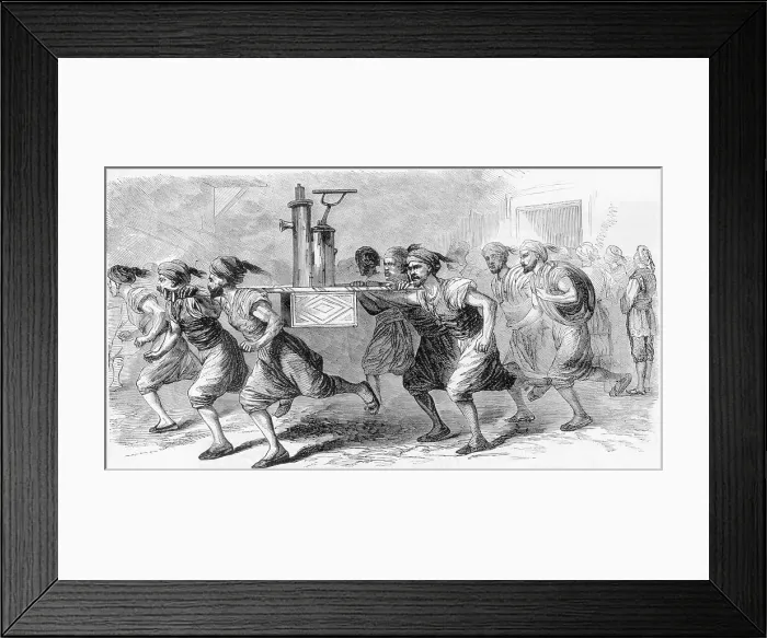 Framed Print : Illustration of Turkish Firemen Running with Pump and Fire Hoses Framed Print : Illustration of Turkish Firemen Running with Pump and Fire Hoses