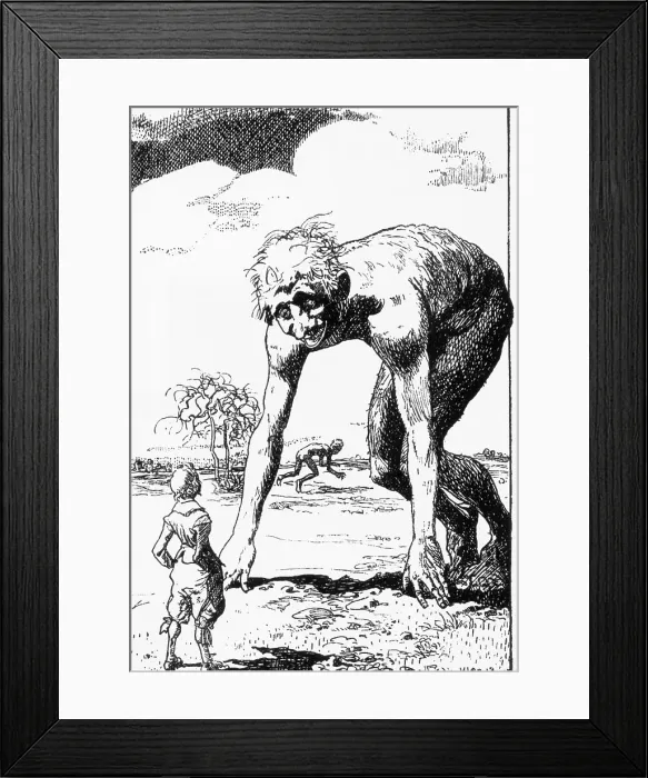 Framed Print : Illus. Of Man Encountering Lunar Giants Framed Print : Illus. Of Man Encountering Lunar Giants