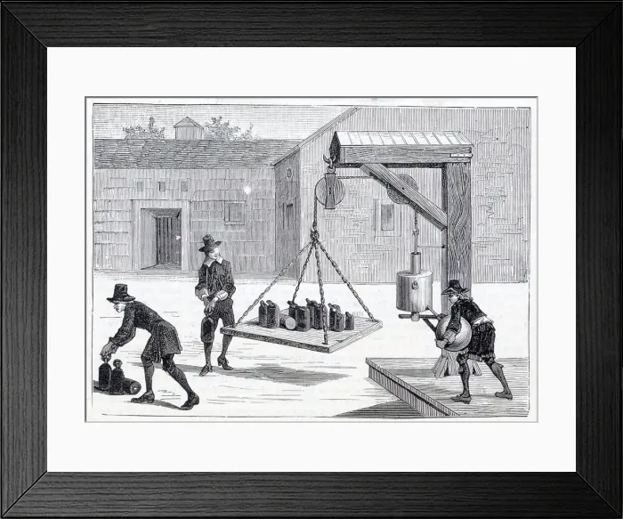 Framed Print : Illus.;Men Remove Air From Cyl. W / Pulley Framed Print : Illus.;Men Remove Air From Cyl. W / Pulley