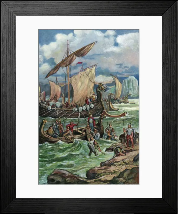 Framed Print : Illustration of Norse Explorers Landing on Coast of France Framed Print : Illustration of Norse Explorers Landing on Coast of France