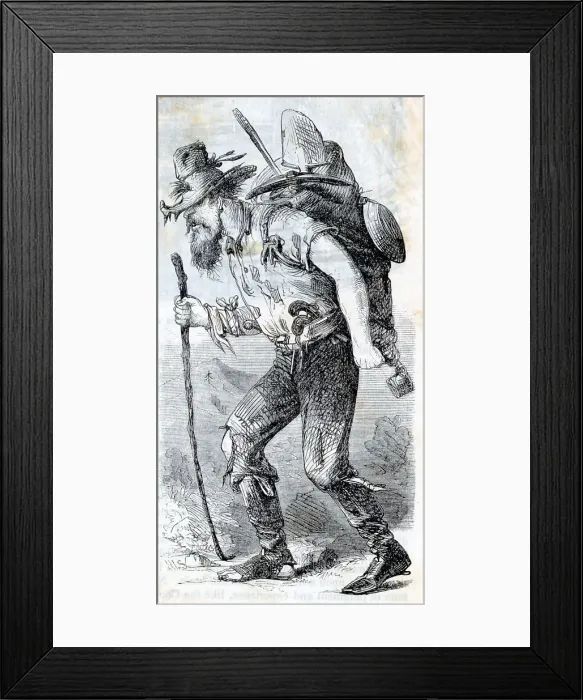 Framed Print : Man Walking W / Cane And Pack On Back;Illu Framed Print : Man Walking W / Cane And Pack On Back;Illu