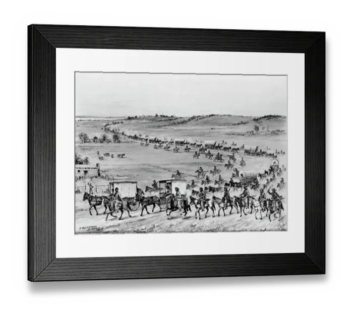 Framed Print : Illustration of Oregon Trail Wagon Caravan